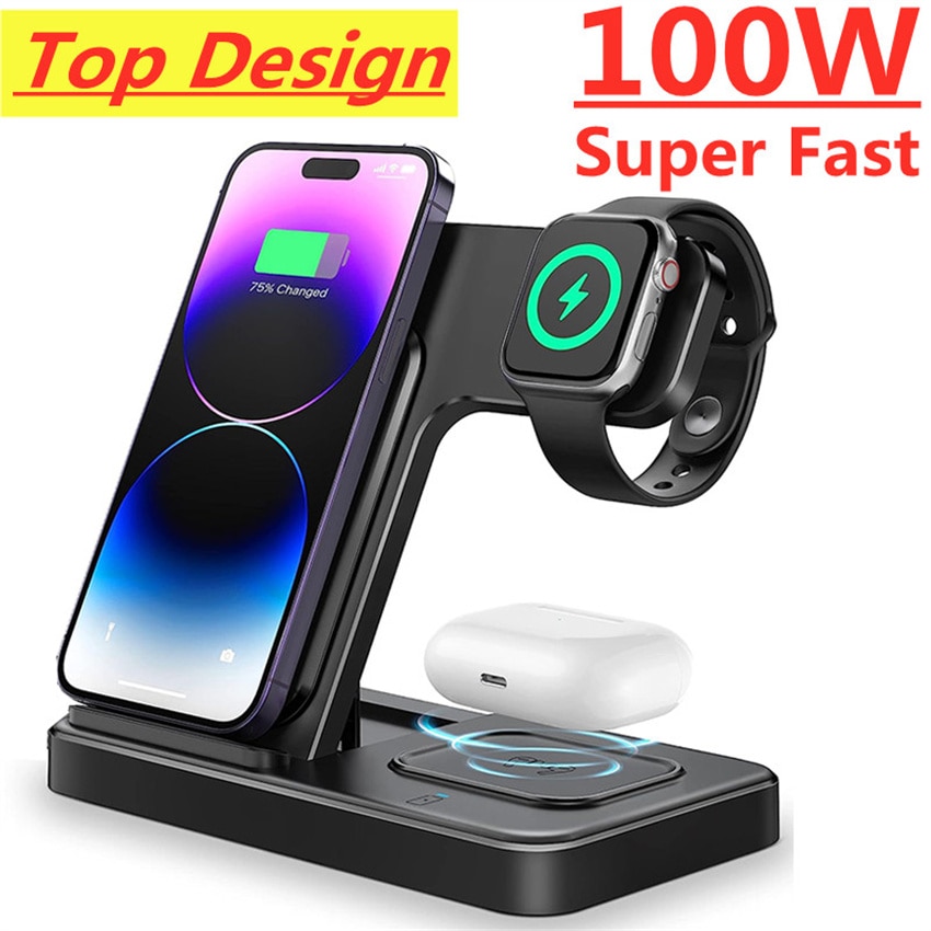 100W 3 in 1 Wireless Charger Foldable Chargers Stand Pad For iPhone 14 13 12 11 Airpod iWatch 7 6 Fast Charging Docking Station