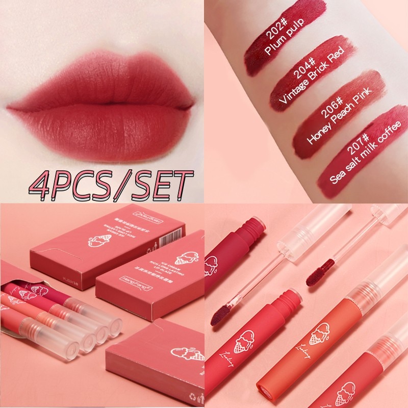 4PCS/Set Velvet Matte Lip Gloss Waterproof Long Lasting Waterproof Lipstick Nourish Lip Makeup Lip Mud Tint Cream Cosmetics Girl