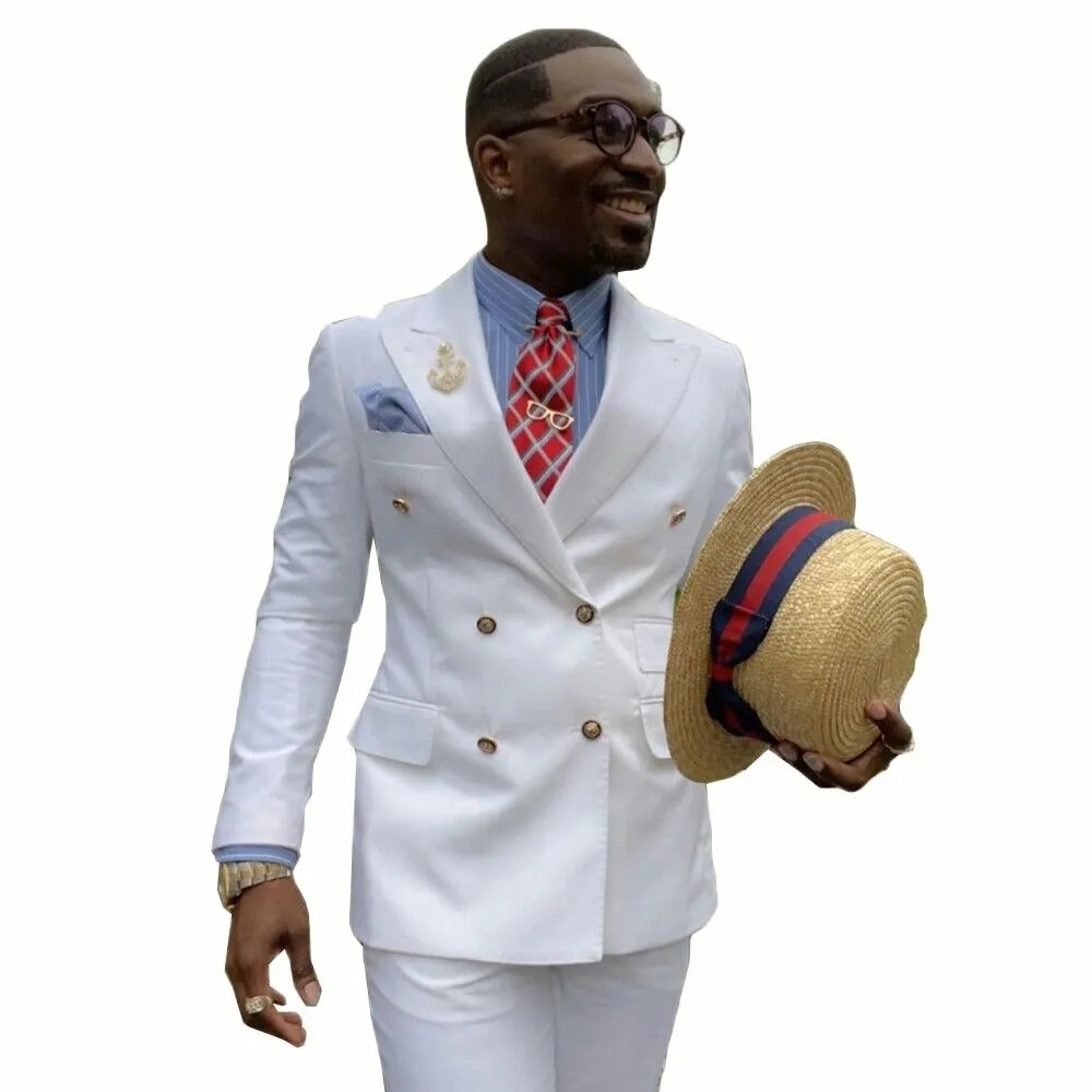 Double Breasted White Men Suits Terno Masculino Slim Fit 2 Pieces Jackets Pants Groom Wedding Business