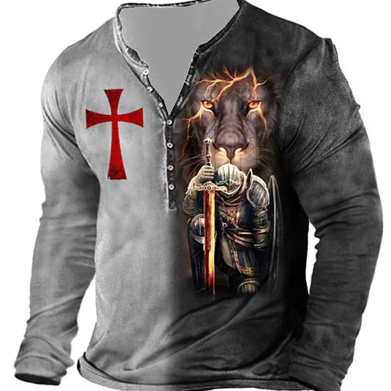 Vintage Men's Cotton T-Shirts Knights Templar Print 3D T Shirts Summer Oversized Tops Long Sleeve Tee Casual Button-Down Clothes