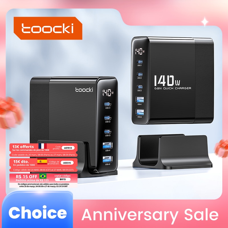 Toocki GaN Charger 140W 100W 65W LED Display Laptop Desktop USB C Charger For iPhone 12 13 Xiaomi Charging Station Fast Charger