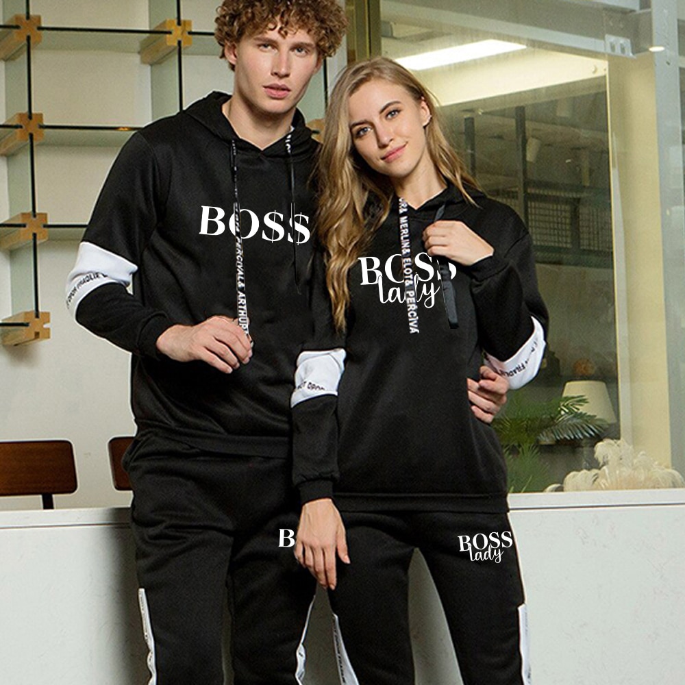 Fashion couple hooded tracksuit black and white stitching hoodie/sports trousers/two-piece casual couple suit streetwear joggin