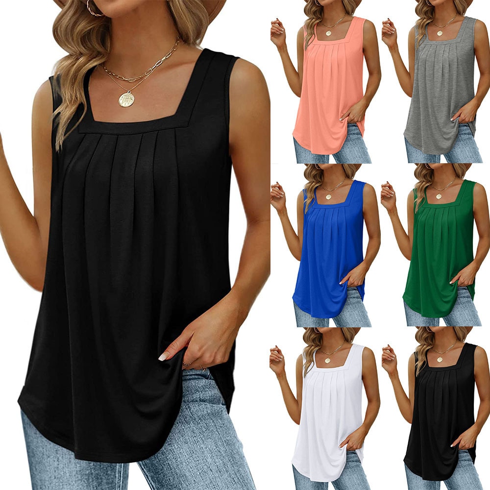 Women Pleated Vests Summer Square Collar Sleeveless Loose Solid T-shirt Casual Female Tank Tops ZC501