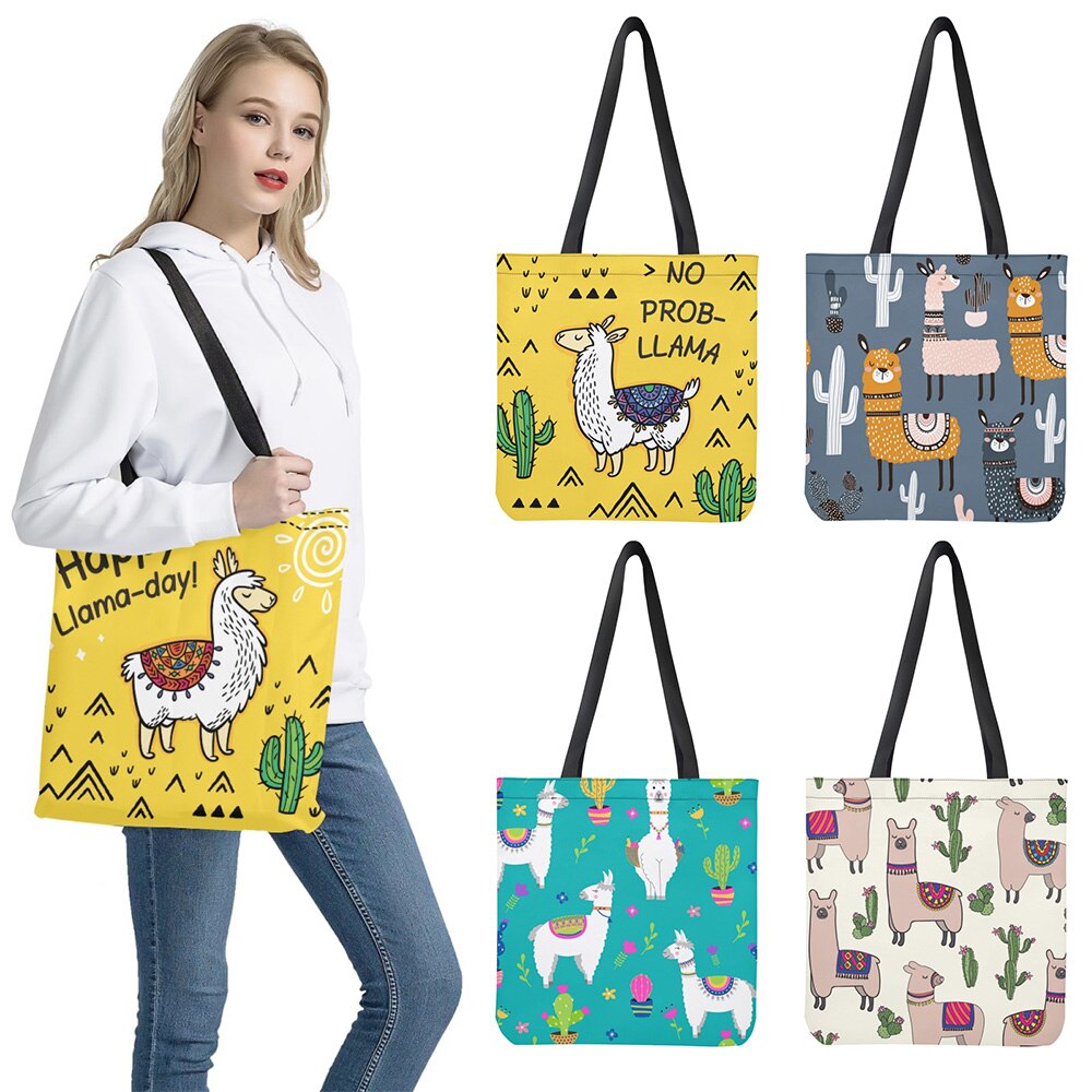 Coloranimal Cute Alpaca Cartoon Prints Children's Gift Ladies Travel Large Capacity Canvas Storage Bag Eco-Friendly Shopping Bag