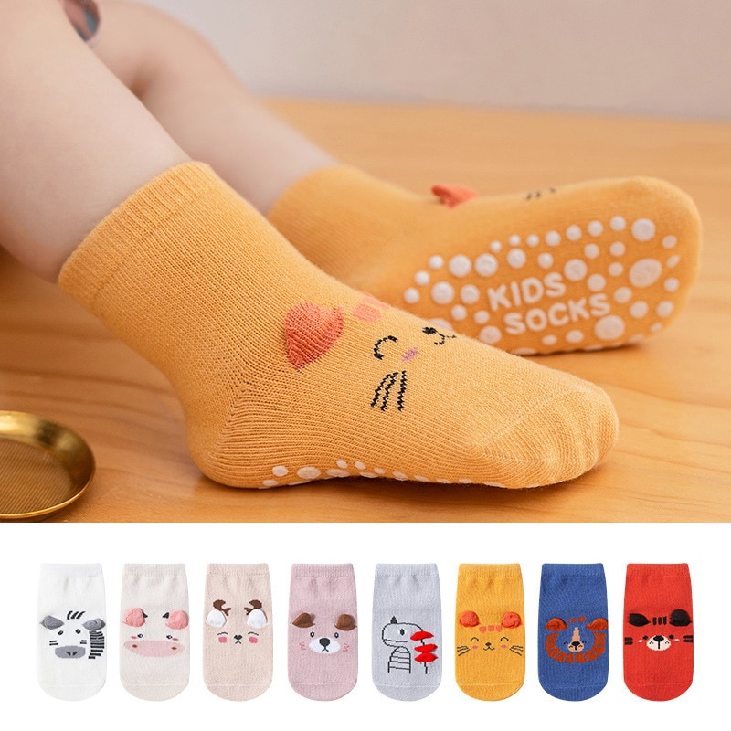 2 Pairs Winter Spring Anti Slip Baby Socks Cute Cartoon Animal Letter Print Toddler Kids Floor Sock Rubber Soles Boy Girl Socks
