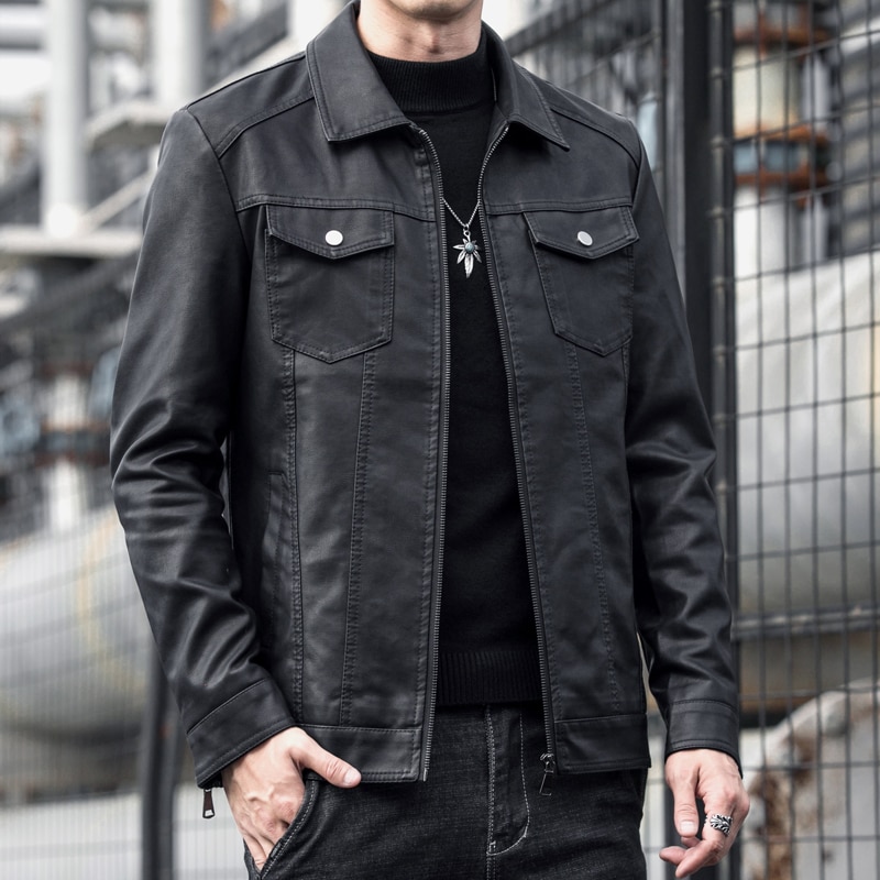 2023 New Spring and Autumn Men's Locomotive Jacket Leisure Leather Clothes Solid Color Coat Fashion Slim Warm Windproof Jacket