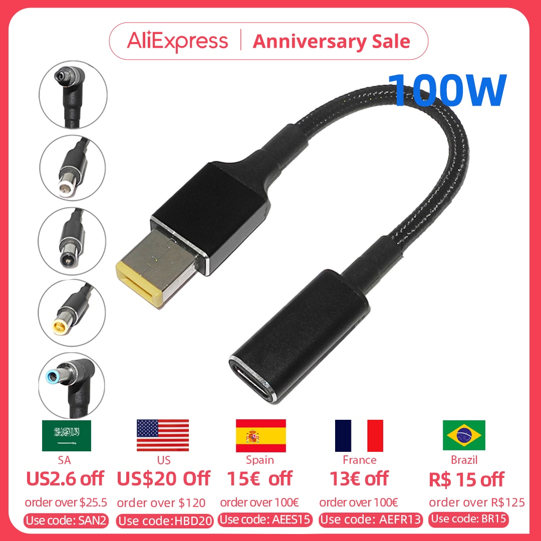 100W USB C PD to DC Universal Laptop Charger Converter Type C Fast Charging Adapter Cable Cord for Asus Lenovo Hp Dell Laptop