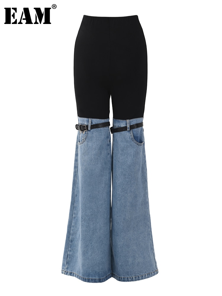 [EAM] High Waist Blue Color-block Denim Long Wide Leg Jeans New Loose Women Trousers Fashion Tide Spring Autumn 2023 1DF3897