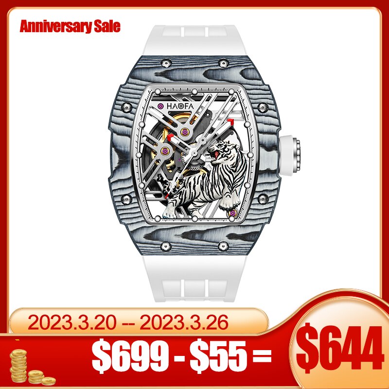 Haofa Skeleton Automatic Mechanical Watch for Men 3D Tiger Carbon Fiber Watch Sapphire Luminous Waterproof Men Watch 1973