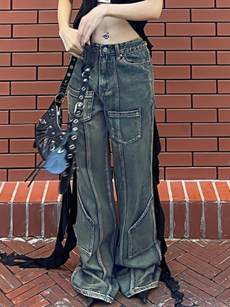 WeiYao Cargo Jeans Washed Vintage 90s Straight Leg Jean Trousers American Retro Pockets Women Low Rise Pants Korean Streetwear