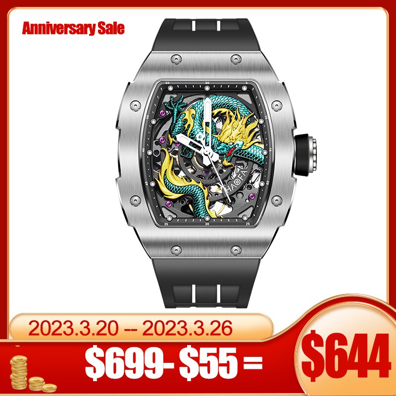 Haofa 3D Dragon Automatic Watch For Men Sapphire Waterproof Self Winding Mechanical Mens Watch Luminous Luxury Stainless Steel