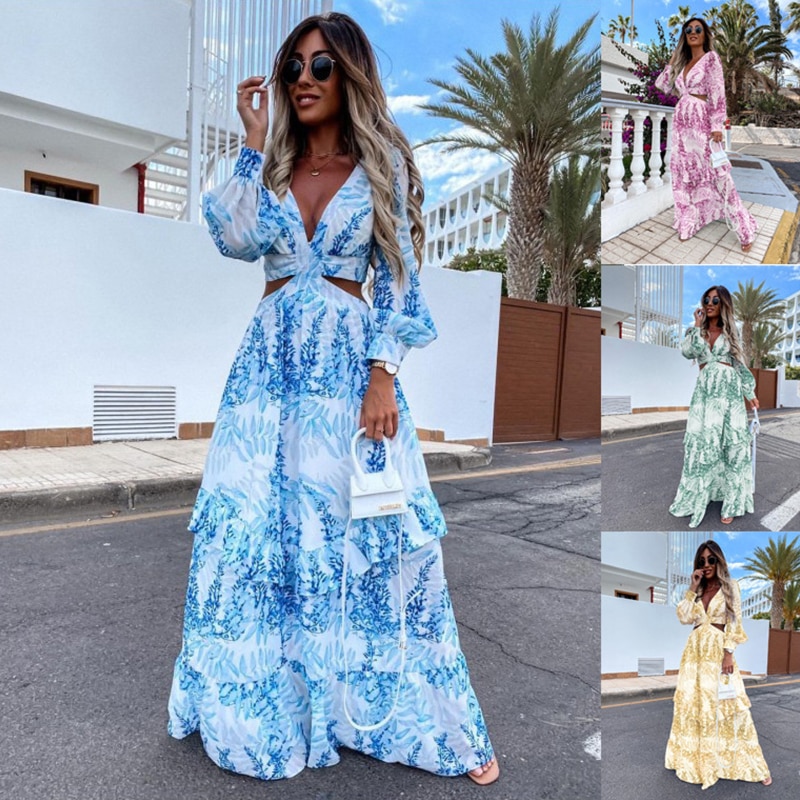 Women Tunic Beach Cover Up Dress 2023 Summer V-Neck Backless Hollow Out Lantern Sleeve Long Dresses Female Club Party Maxi Dress