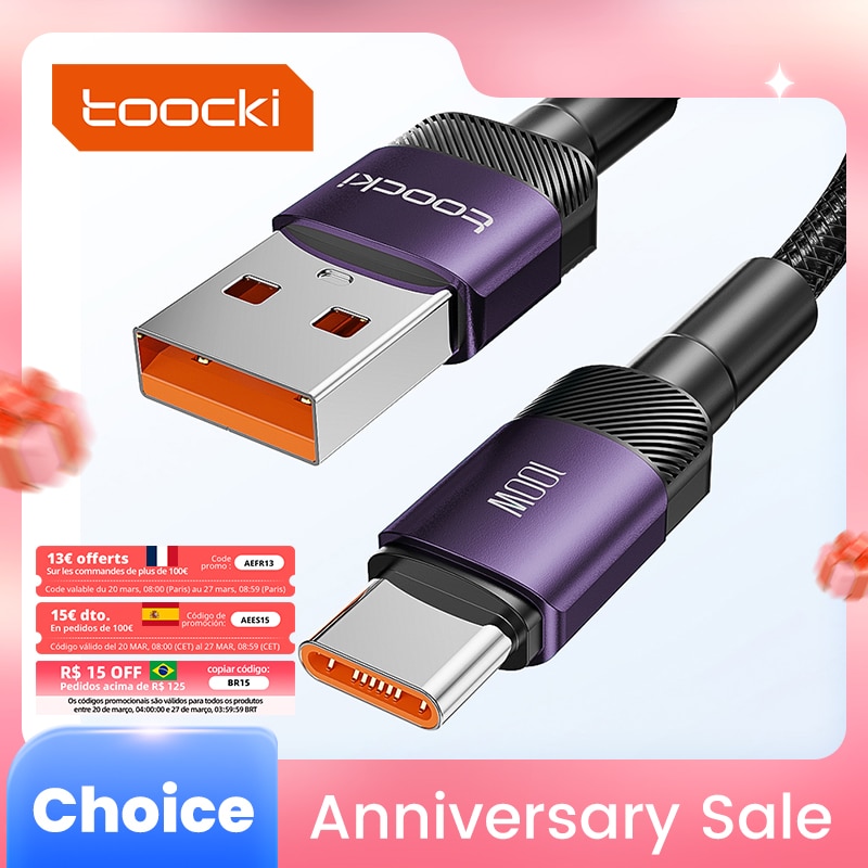 Toocki 6A USB Type C Cable for Xiaomi POCO Samsung Huawei 100W Fast Charging Charger USB C Data Cord TypeC Cable for Realme OPPO