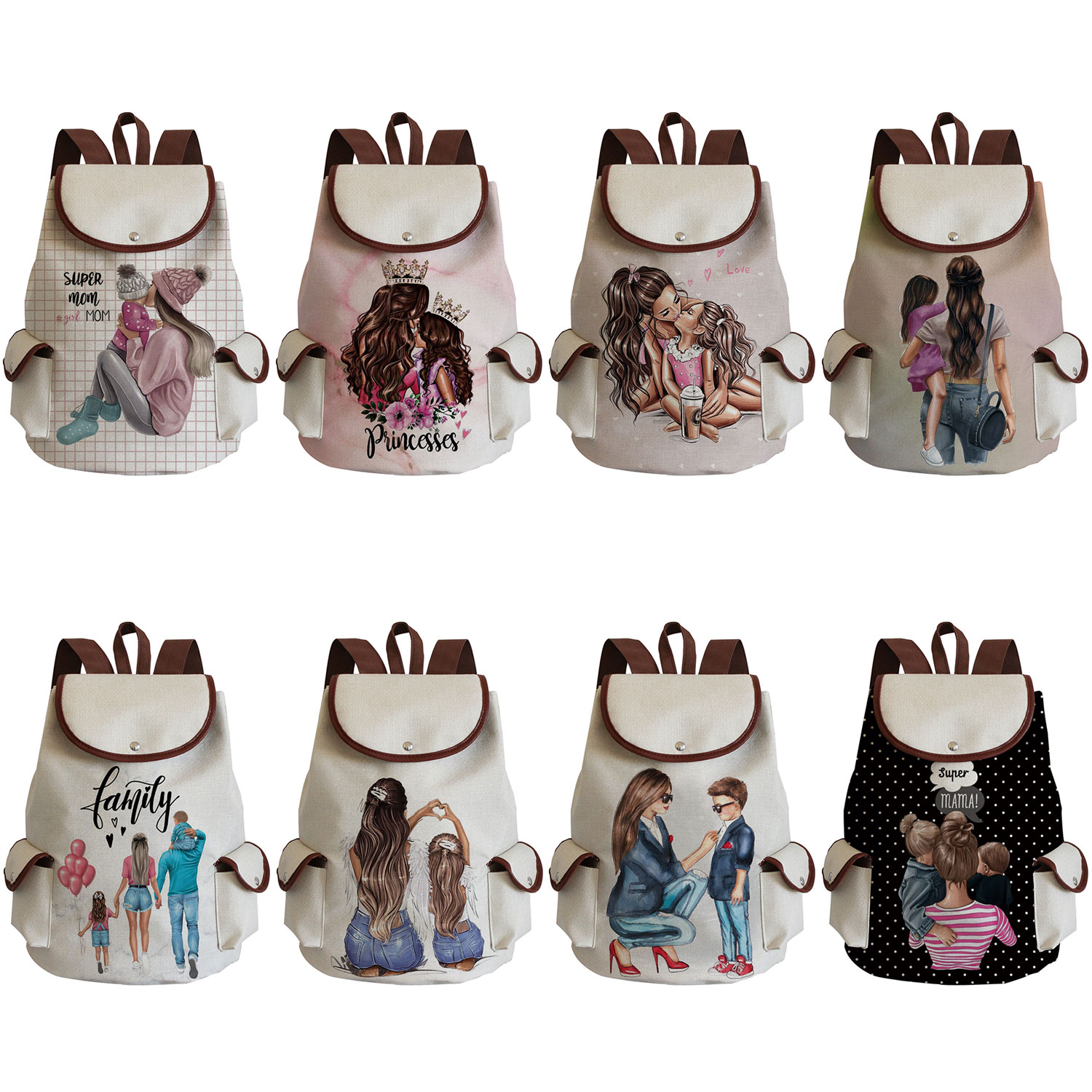 Women Cartoon Super Mom Life Momlife Mama Mother Print Linen Backpack Large Capacity Portable Preppy Style Drawstring Backpack